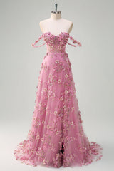 Floral Pink Corset A-Line Long Prom Dress