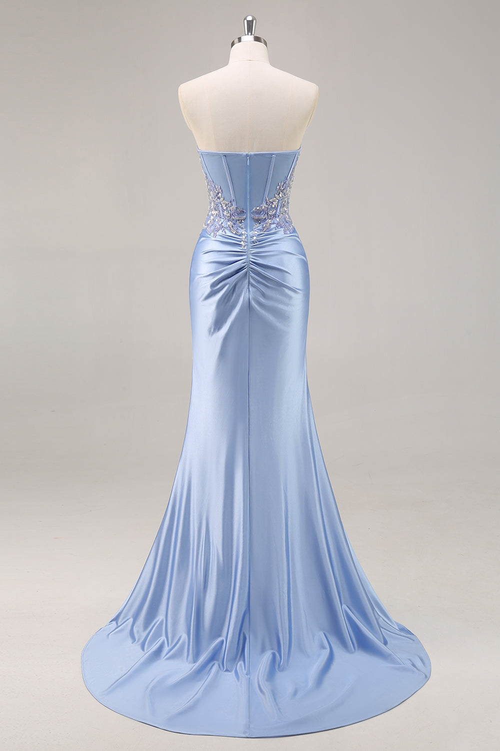 Sparkly Strapless Blue Corset Ruched Mermaid Prom Dress