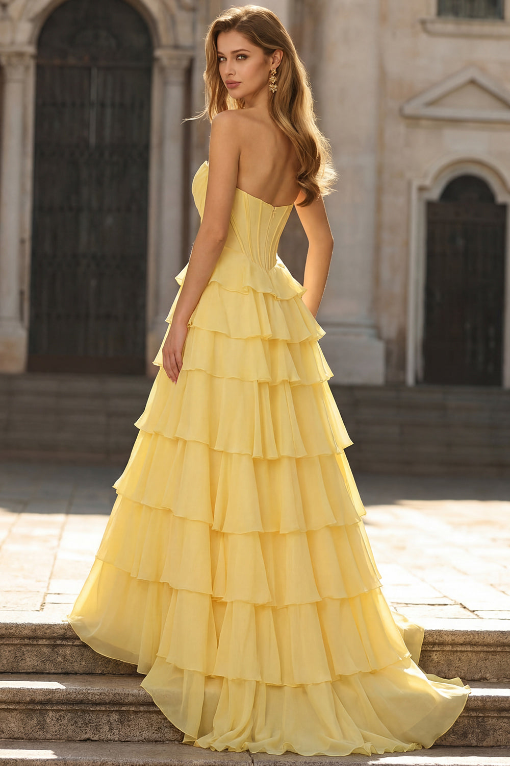Tiered Yellow Strapless Basque Waist Prom Dress