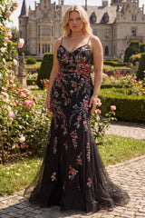 Black Floral Mermaid Sequin Plus Size Prom Dress