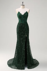 Sparkly Dark Green Strapless Ruched Corset Prom Dress