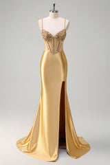 Mermaid Satin Gloden Sequined Corset Prom Dress
