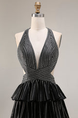 Black Beaded Halter Tiered Cut Out Prom Dress