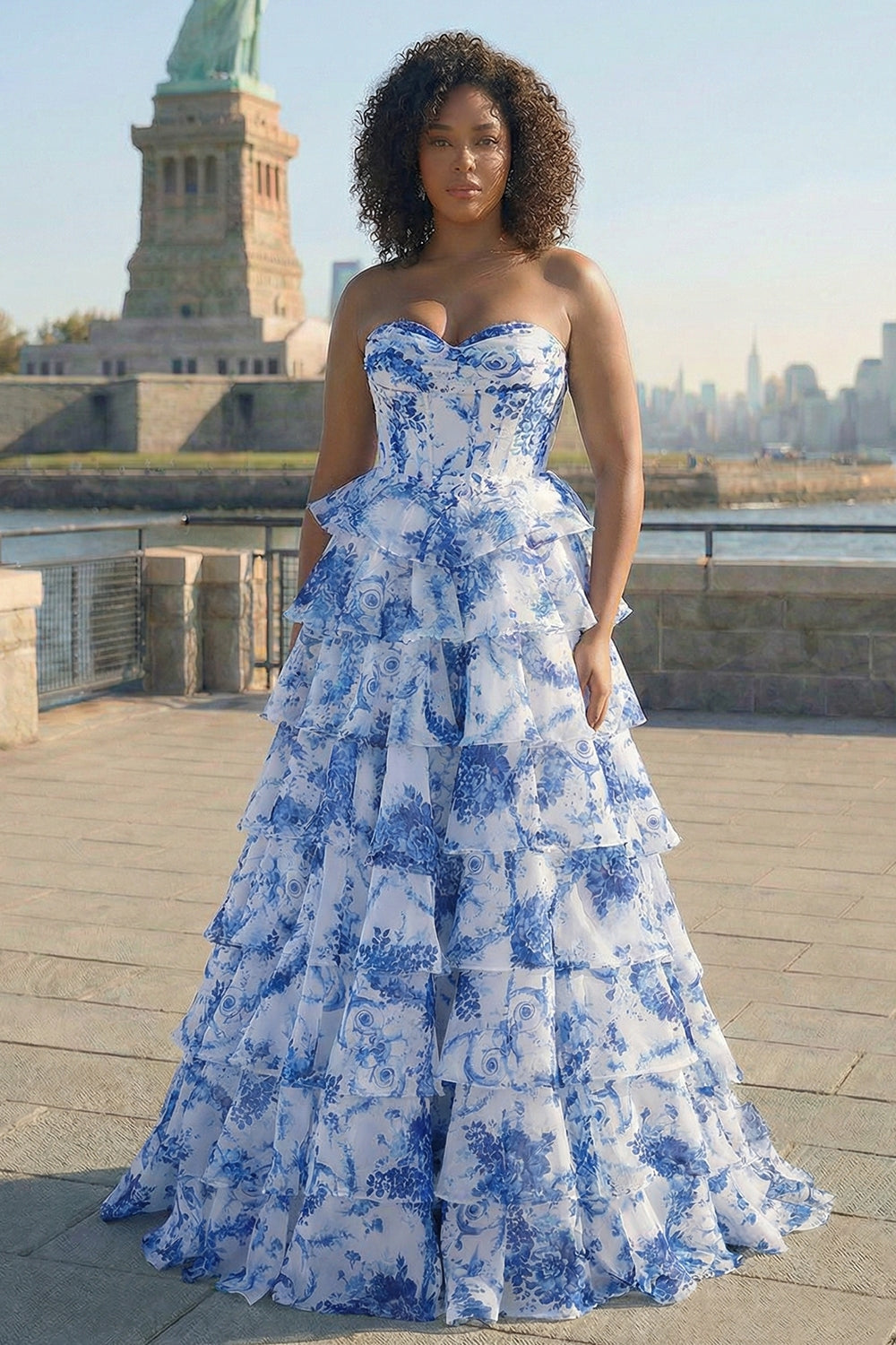 Strapless Blush Floral Corset Plus Size Tiered Prom Dress