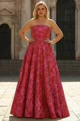 Fuchsia Floral Strapless A-Line Plus Size Maxi Prom Dress