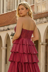 Strapless Tiered Burgundy Corset Plus Size Prom Dress