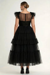 Black A Line Plus Size Tulle Formal Dress with Ruffles