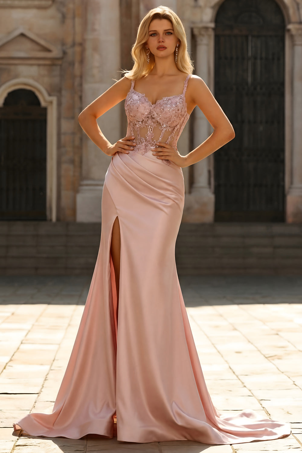 Mermaid Ruched Appliqued Corset Satin Grey Blue Prom Dress