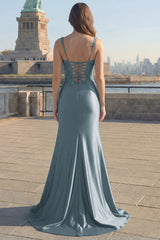 Mermaid Ruched Appliqued Corset Satin Grey Blue Prom Dress