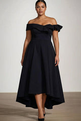 Off the Shoulder Black A Line Ruffled Plus Size Formal Dress