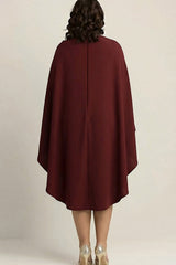 Burgundy High Neck Plus Size Midi Formal Dress With Shawl