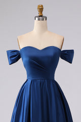 Off the Shoulder Navy Satin A Line Evening Dress