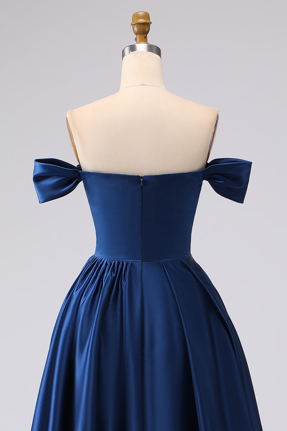 Off the Shoulder Navy Satin A Line Evening Dress