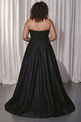 Black A Line Strapless Plus Size Appliqued Prom Dress