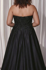 Black A Line Strapless Plus Size Appliqued Prom Dress