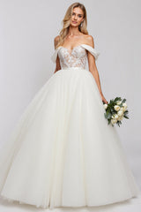 Ivory Off The Shoulder Ball-Gown Lace Tulle Wedding Dress