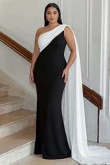 Black and White One Shoulder Plus Size Maxi Formal Dress