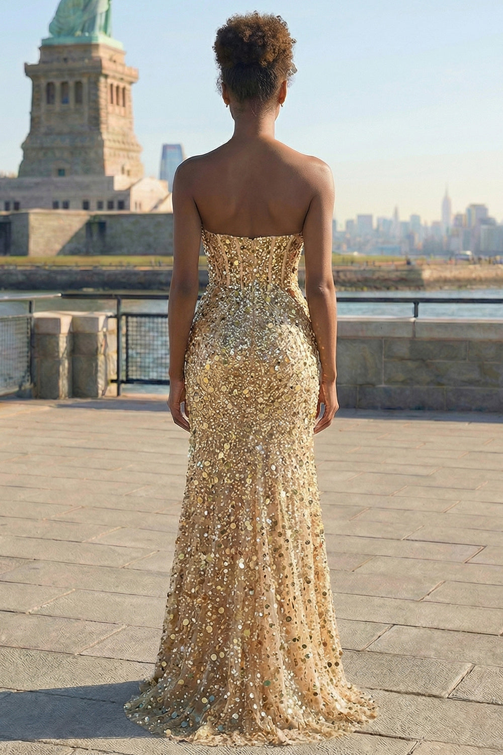Sparkly Royal Blue Strapless Corset Mermaid Prom Dress with Slit