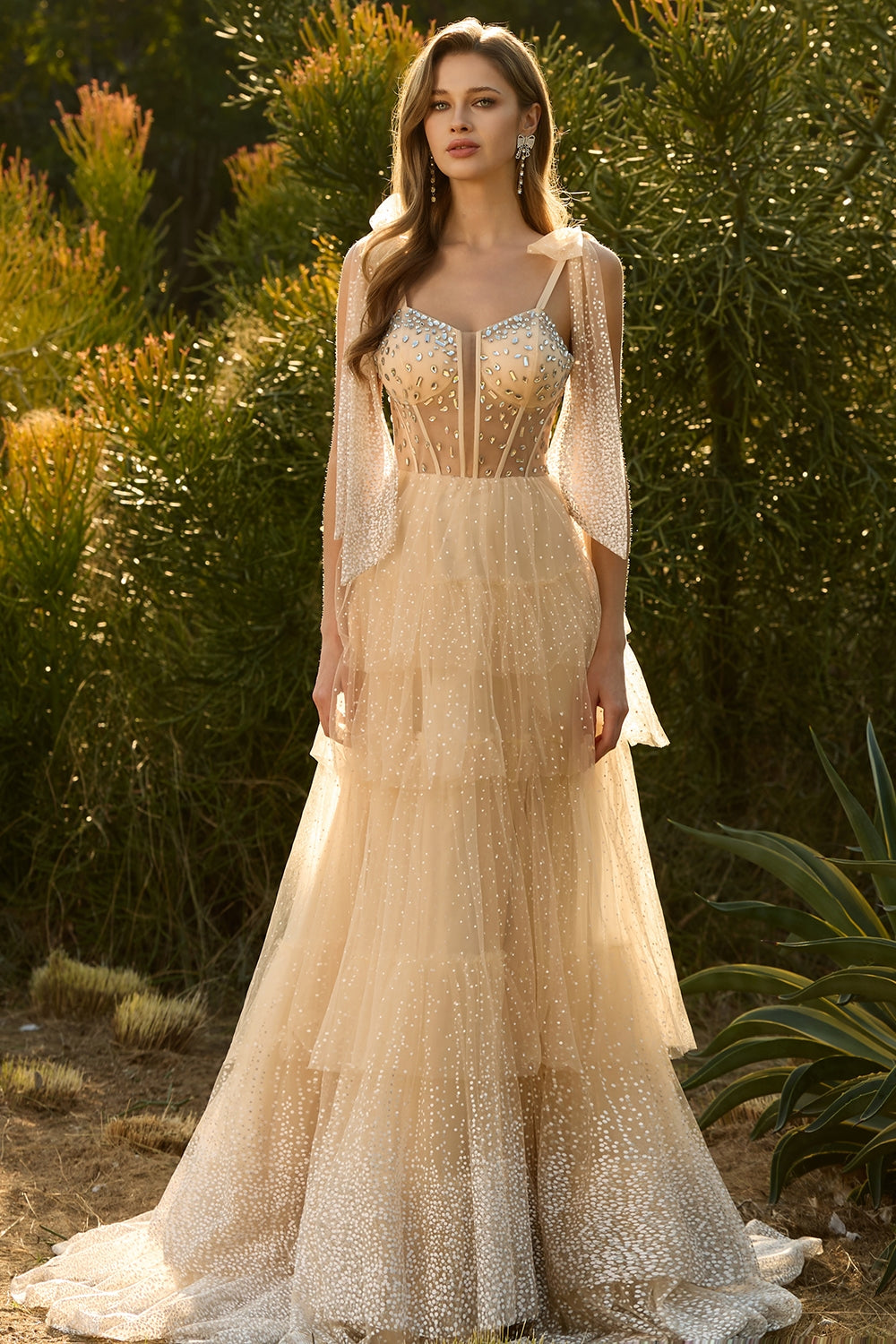 Sparkly Champagne Corset A Line Ruffled Prom Dress