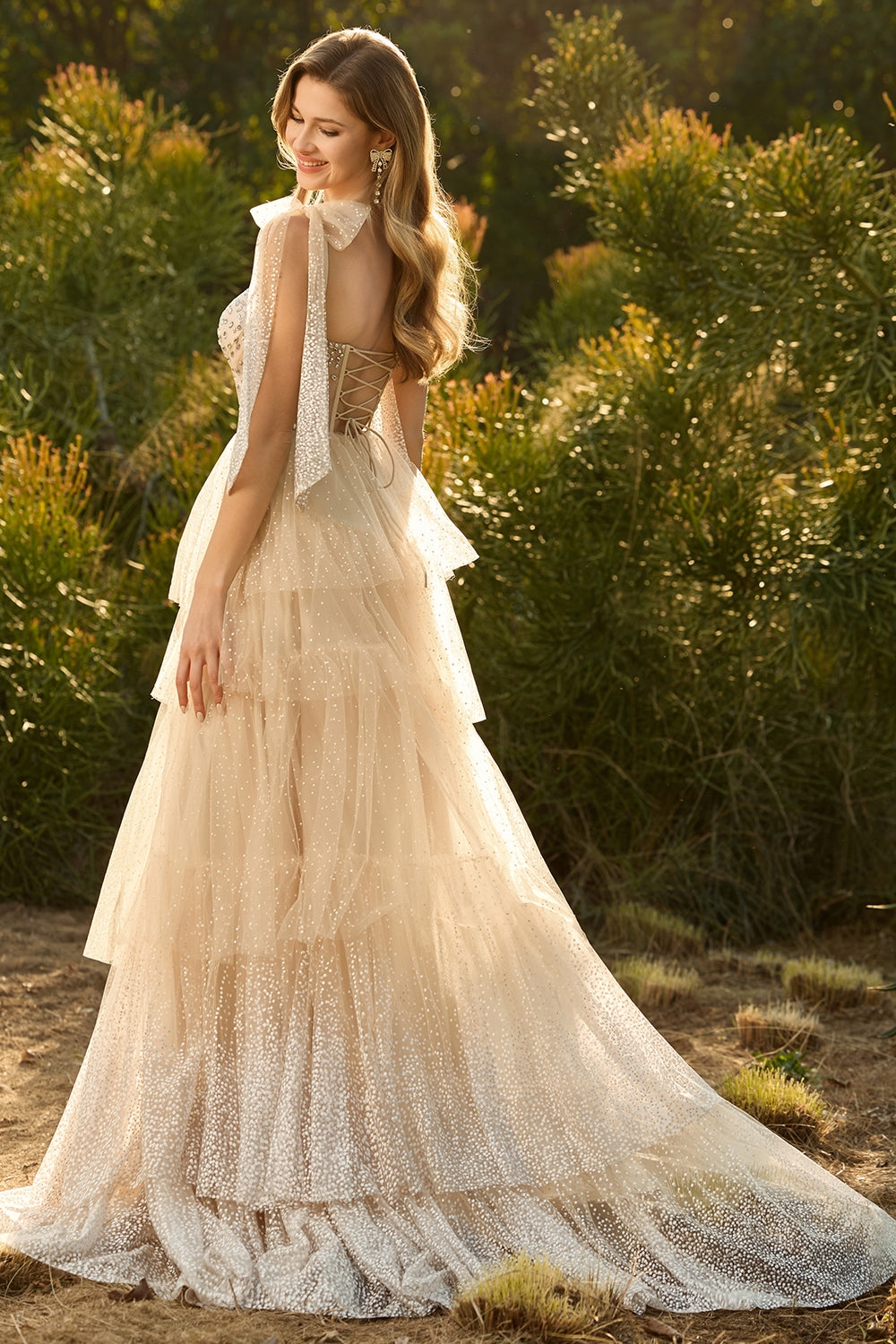 Sparkly Champagne Corset A Line Ruffled Prom Dress