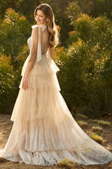 Sparkly Champagne Corset A Line Ruffled Prom Dress