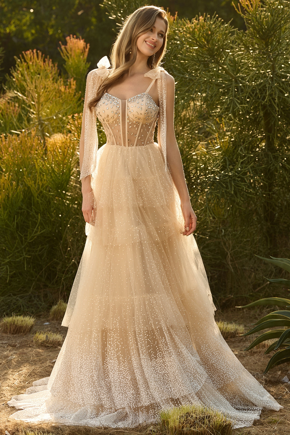 Pink A Line Corset Ruffled Prom Dress with Rhinestones