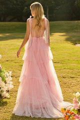 Pink A Line Corset Ruffled Prom Dress with Rhinestones