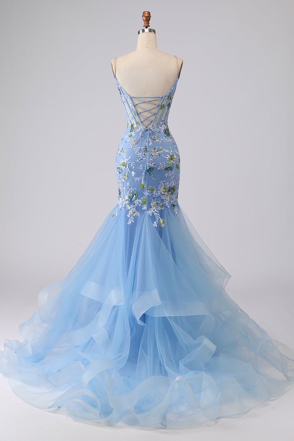 Sparkly Navy Floral Mermaid Corset Tulle Prom Dress