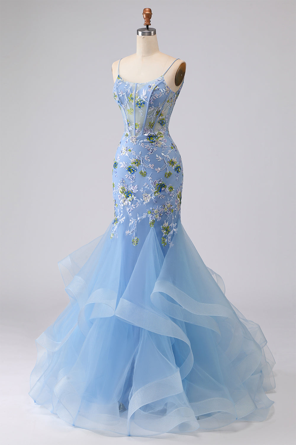 Sparkly Navy Mermaid Appliqued Corset Tulle Prom Dress