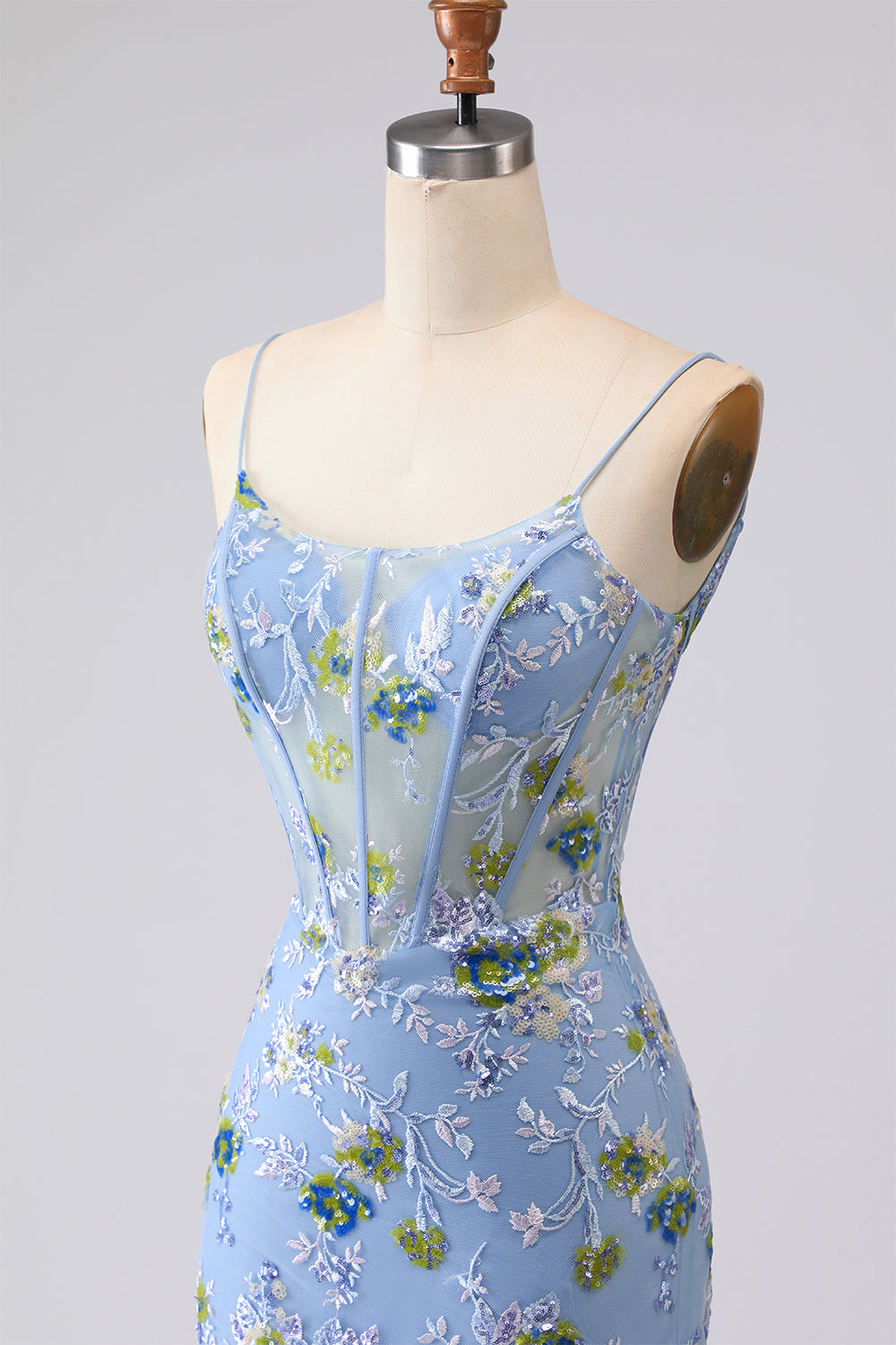 Sparkly Navy Floral Mermaid Corset Tulle Prom Dress