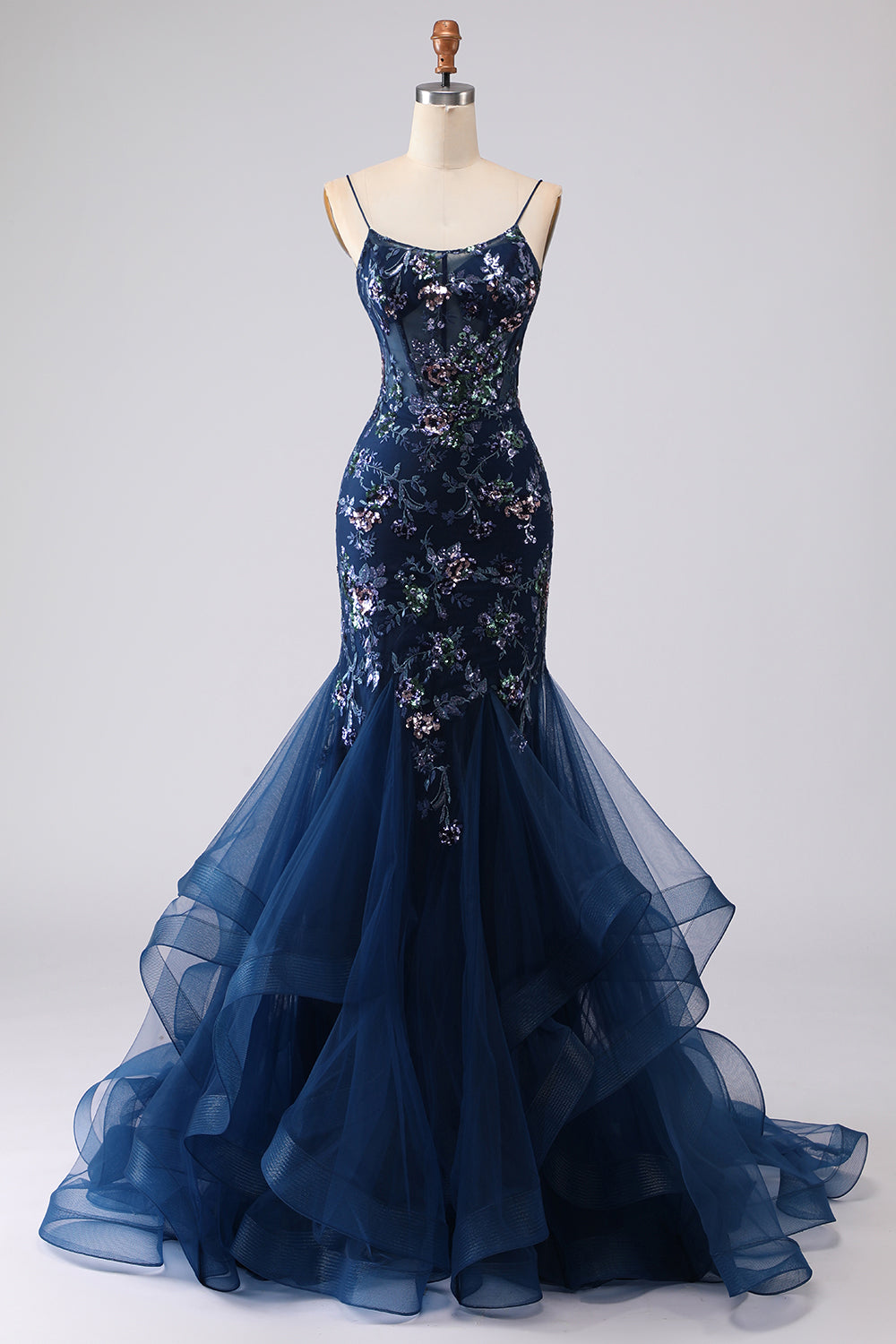 Sparkly Navy Mermaid Appliqued Corset Tulle Prom Dress