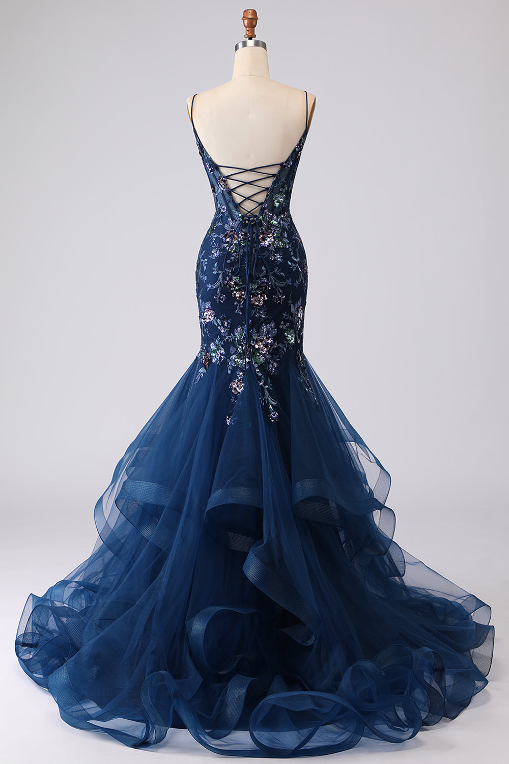 Blue Mermaid Appliqued Corset Tulle Prom Dress