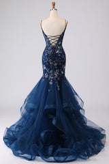 Sparkly Navy Mermaid Appliqued Corset Tulle Prom Dress