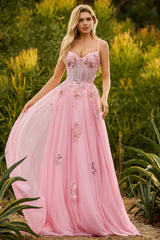 Beaded Pink A Line Corset Appliqued Prom Dress