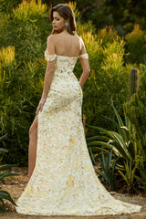 Off the Shoulder Yellow Floral Sequin Mermaid Prom Dress