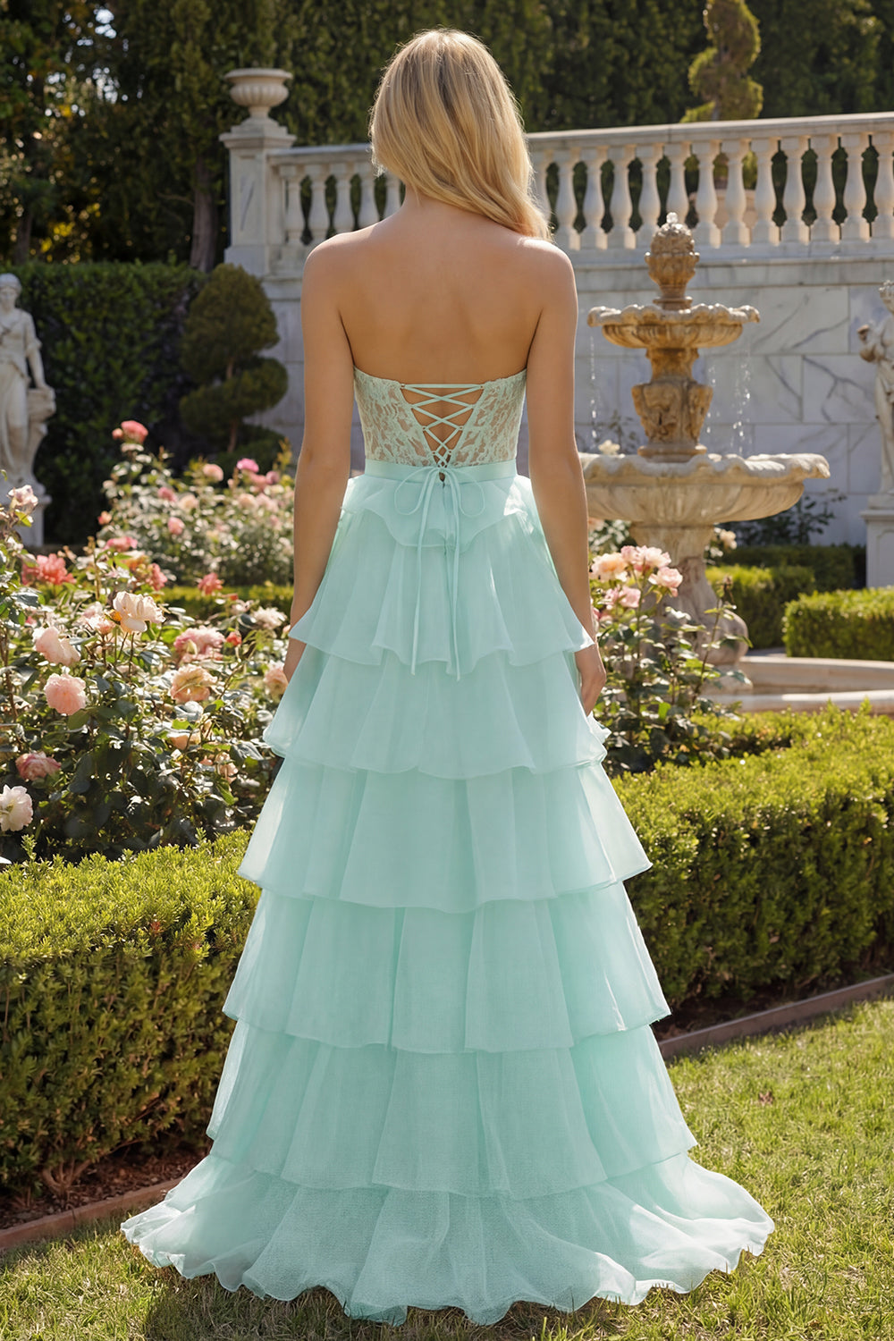 Strapless Pink Corset Tiered Bowed Prom Dress