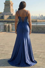 Navy Mermaid Corset Embroidered Plus Size Prom Dress