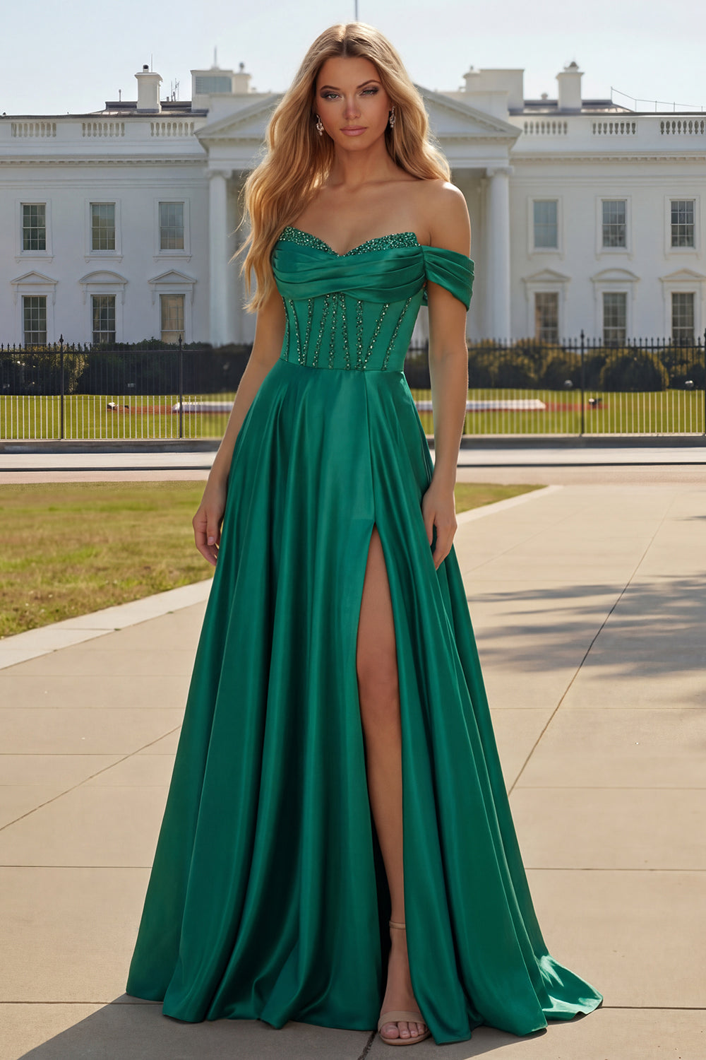 Purple Off The Shoulder A Line Beaded Satin Prom Dress