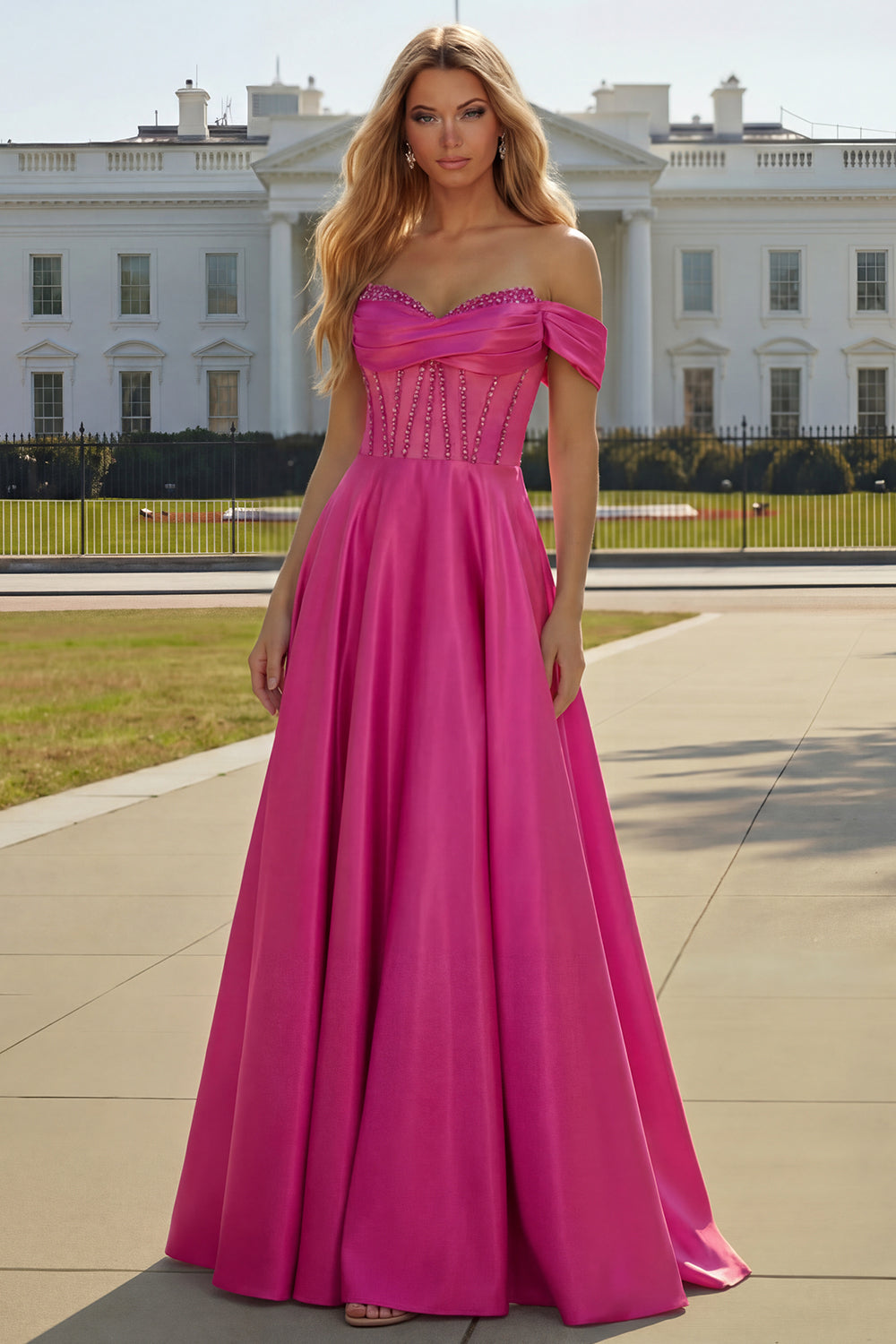 Purple Off The Shoulder A Line Beaded Satin Prom Dress