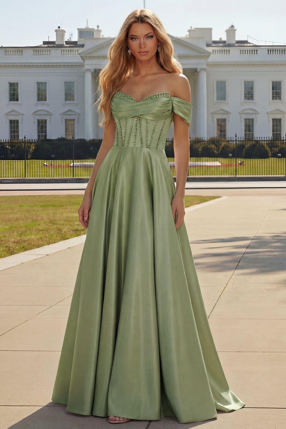 Purple Off The Shoulder A Line Beaded Satin Prom Dress