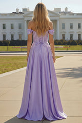 Purple Off The Shoulder A Line Beaded Satin Prom Dress