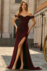 Off The Shoulder Black Red Mermaid Ruffled Prom Dress
