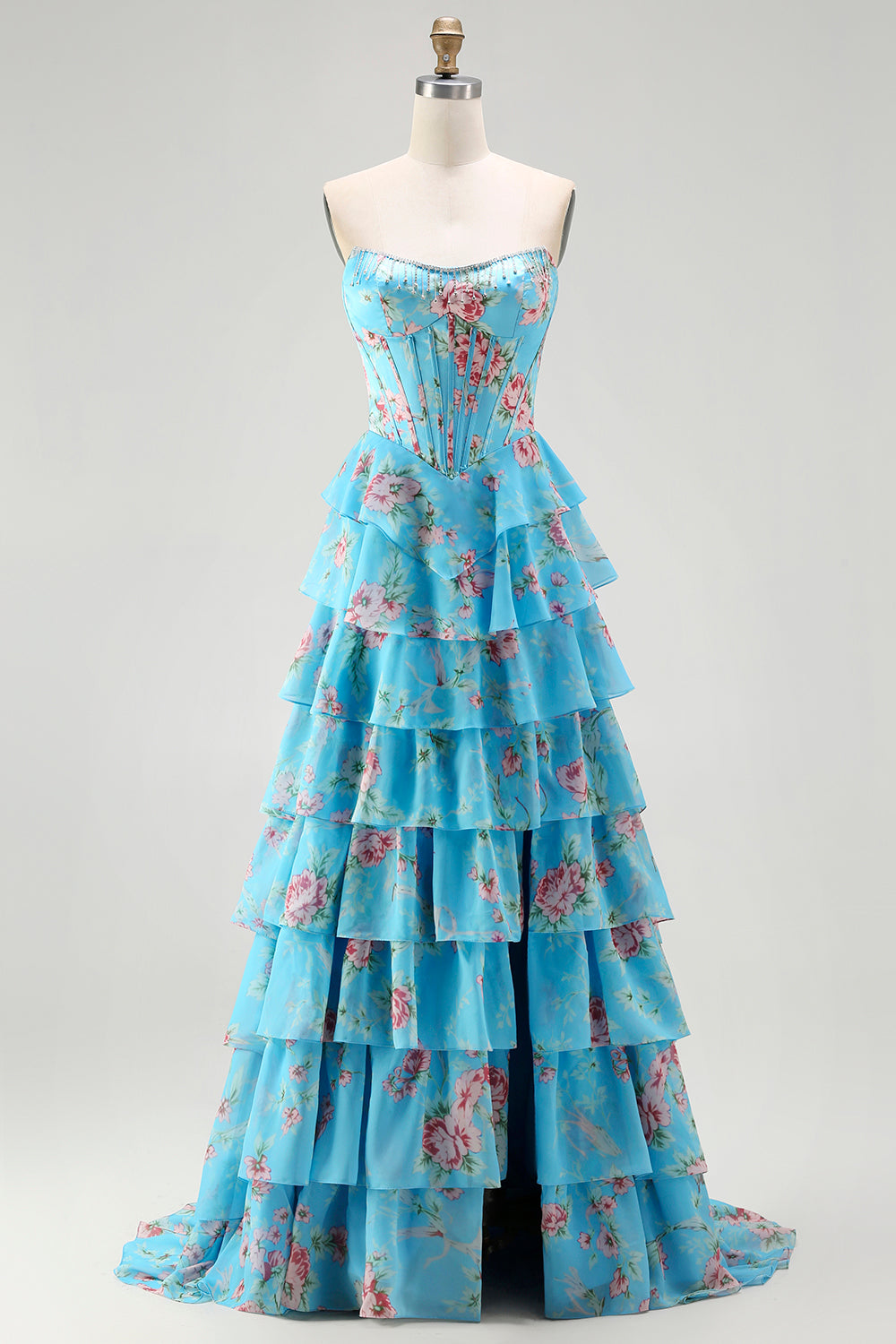 Yellow Floral Tiered Strapless Corset Prom Dress