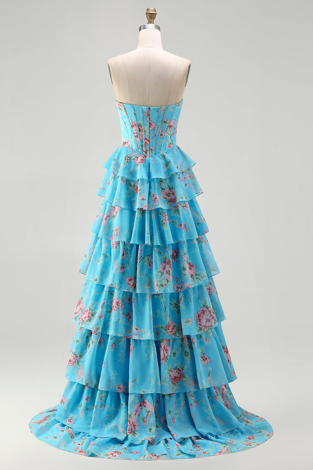 Pink Floral Strapless Tiered Corset Prom Dress With Slit