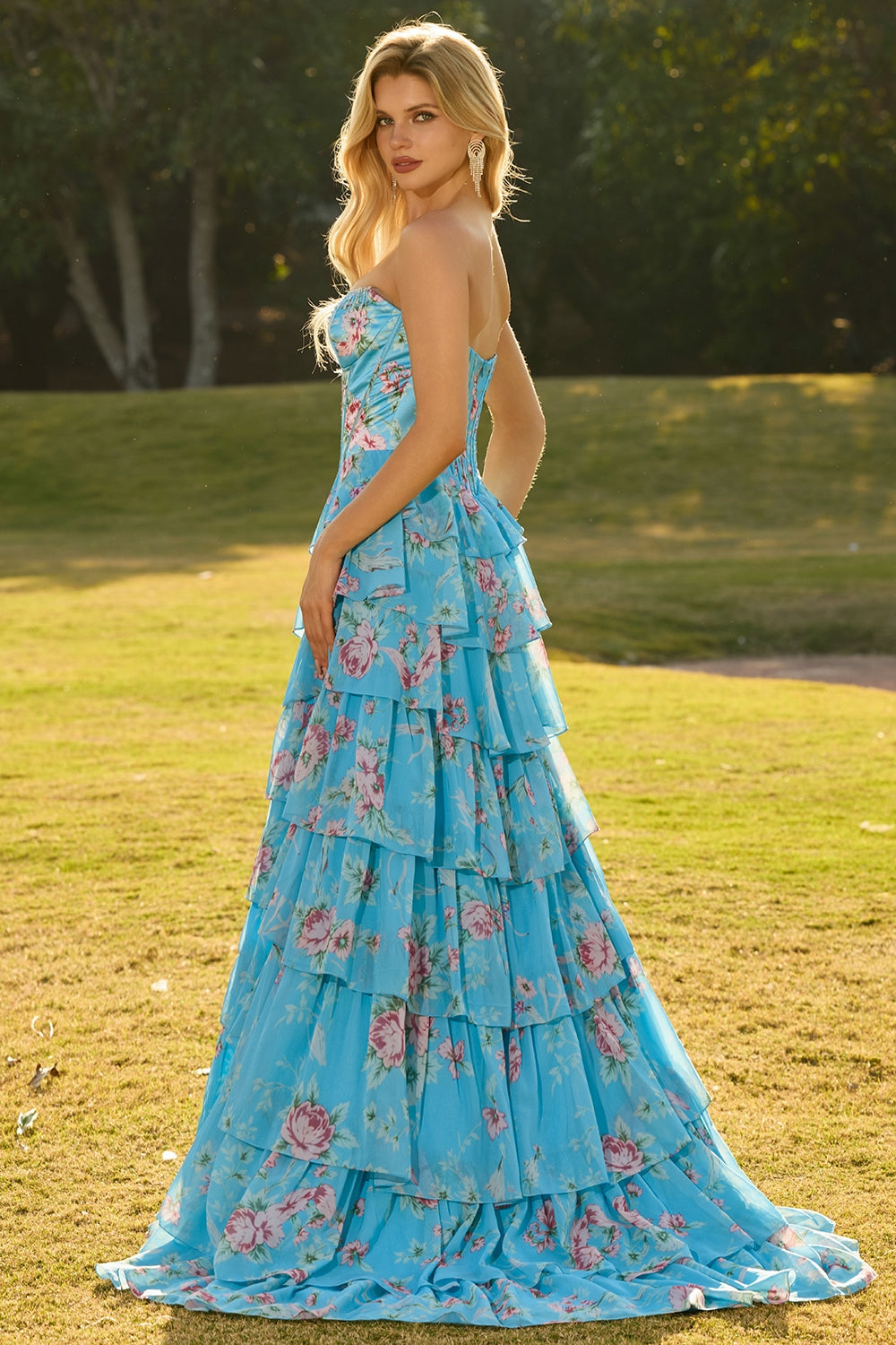 Pink Floral Strapless Tiered Corset Prom Dress With Slit