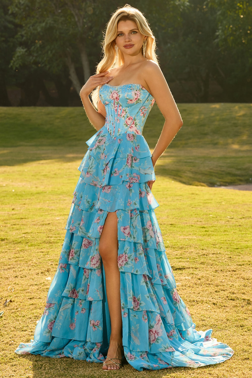 Yellow Floral Tiered Strapless Corset Prom Dress