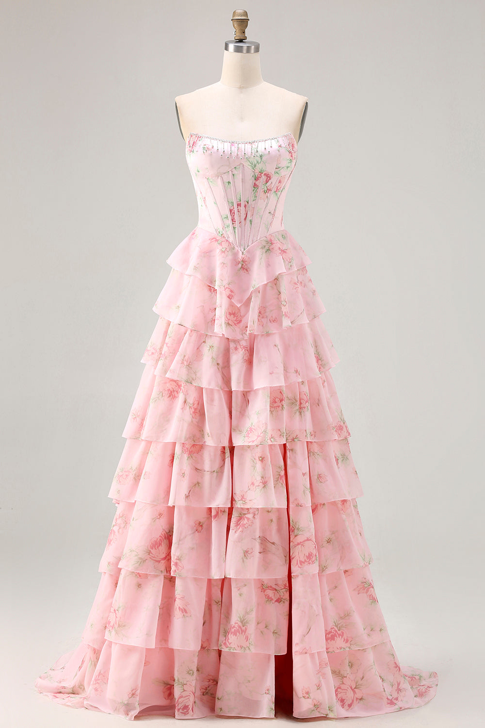 Blue Floral Strapless Tiered A-Line Corset Prom Dress