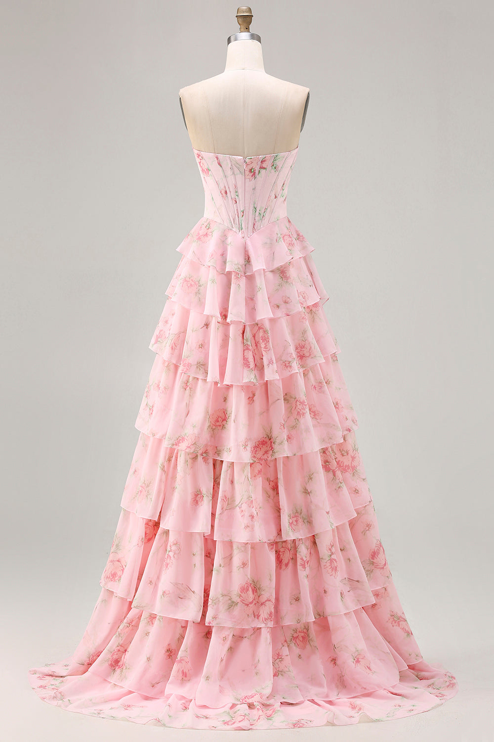 Blue Floral Strapless Tiered A-Line Corset Prom Dress