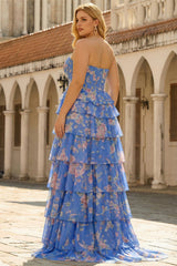 Dark Blue Corset Plus Size Tiered Floral Prom Dress