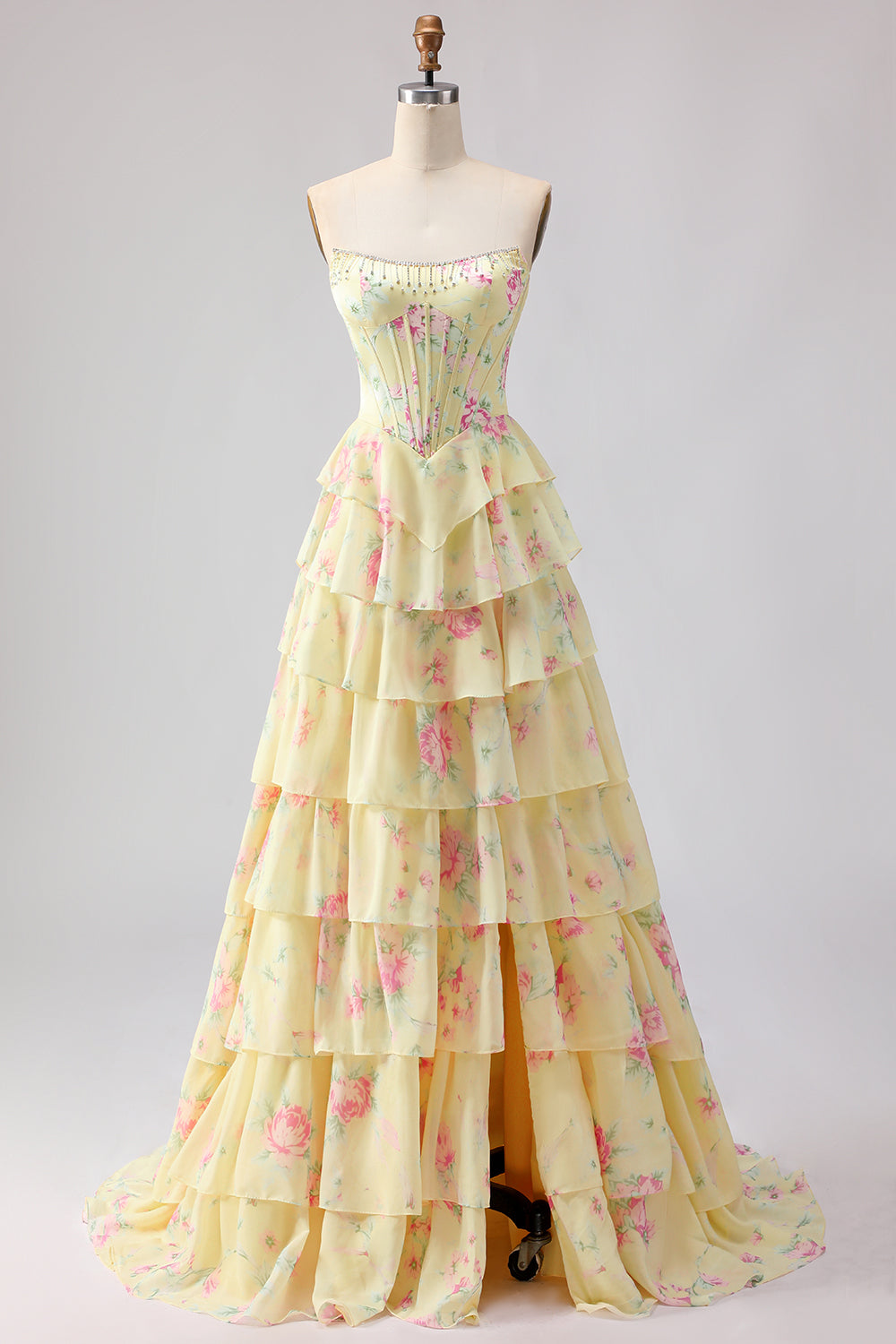 Pink Floral Strapless Tiered Corset Prom Dress With Slit